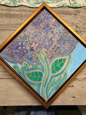 Framed Abstract Floral & Leaf Mixed-Media Art in Blue, Green & Purple